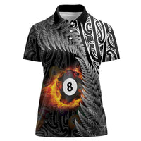 Personalised New Zealand Billiards Women Polo Shirt Maori Fern On Fire 8 Ball - Polynesian Pride