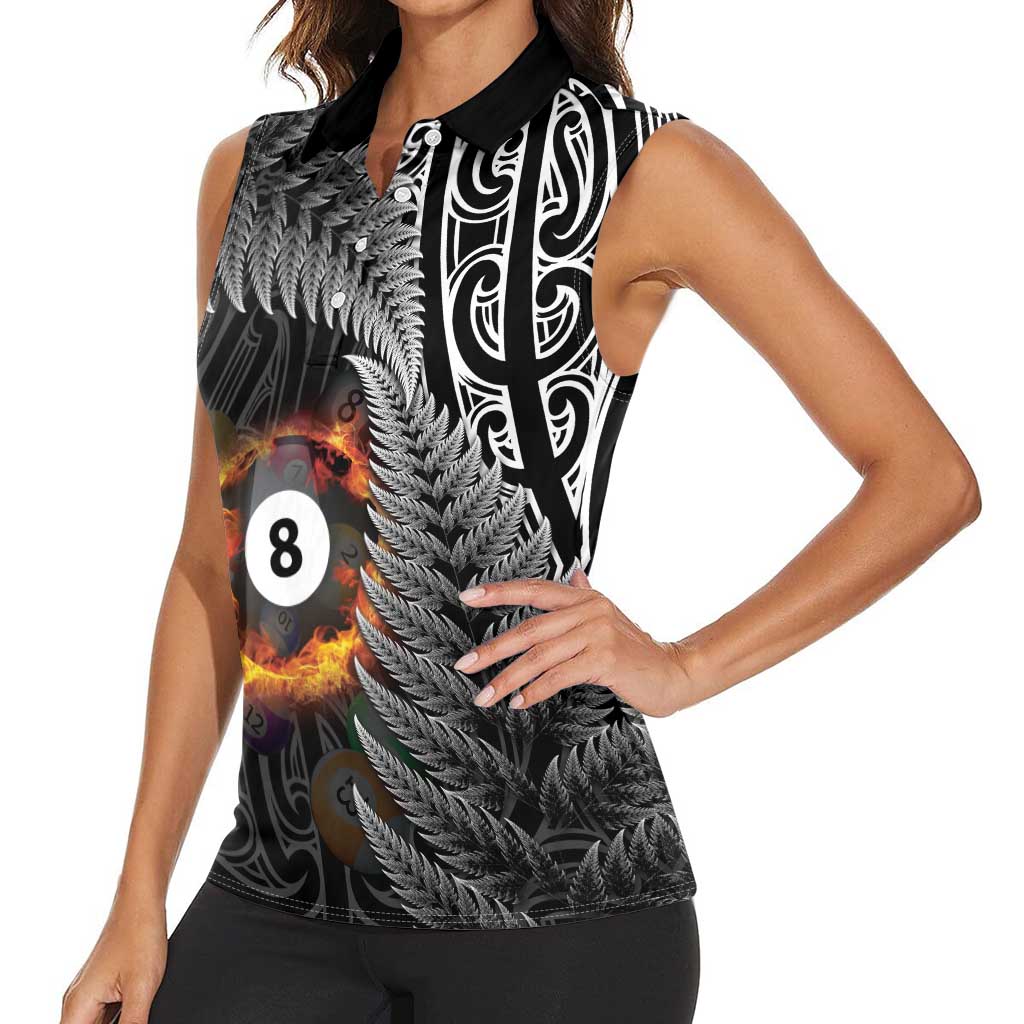 Personalised New Zealand Billiards Women Sleeveless Polo Shirt Maori Fern On Fire 8 Ball - Polynesian Pride