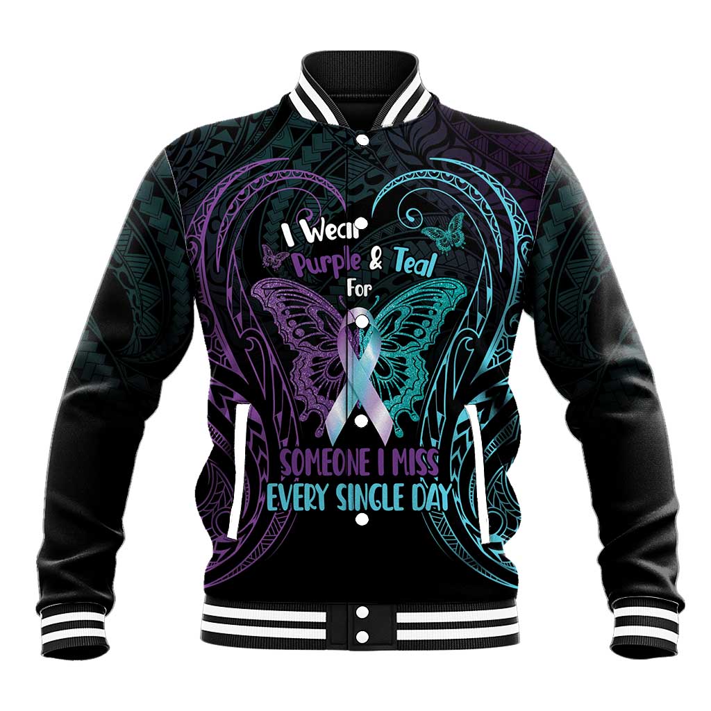 Suicide Awareness Memorial Baseball Jacket I Wear Purple and Teal For Someone I Miss - Polynesian Pride