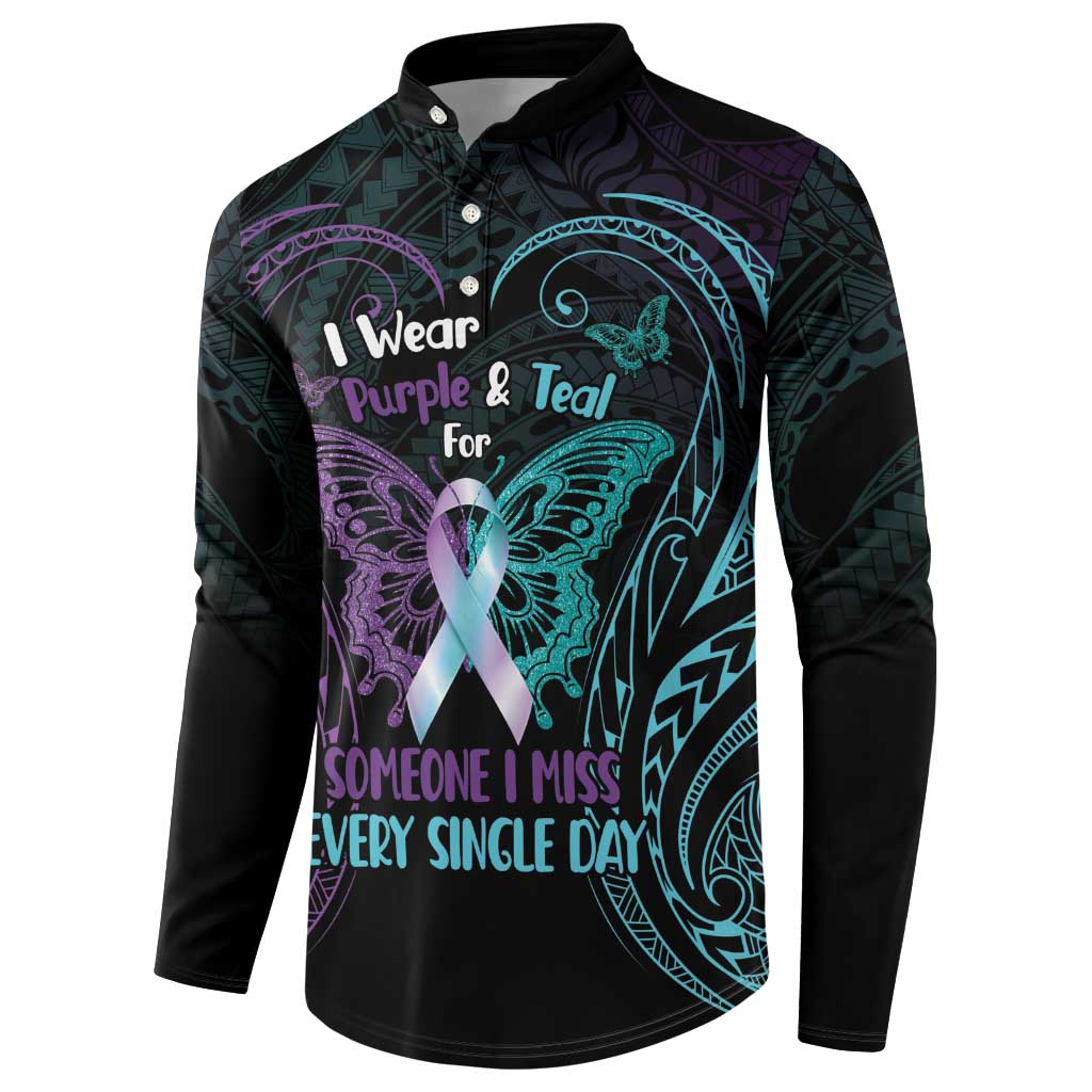 Suicide Awareness Memorial Button Sweatshirt I Wear Purple and Teal For Someone I Miss - Polynesian Pride