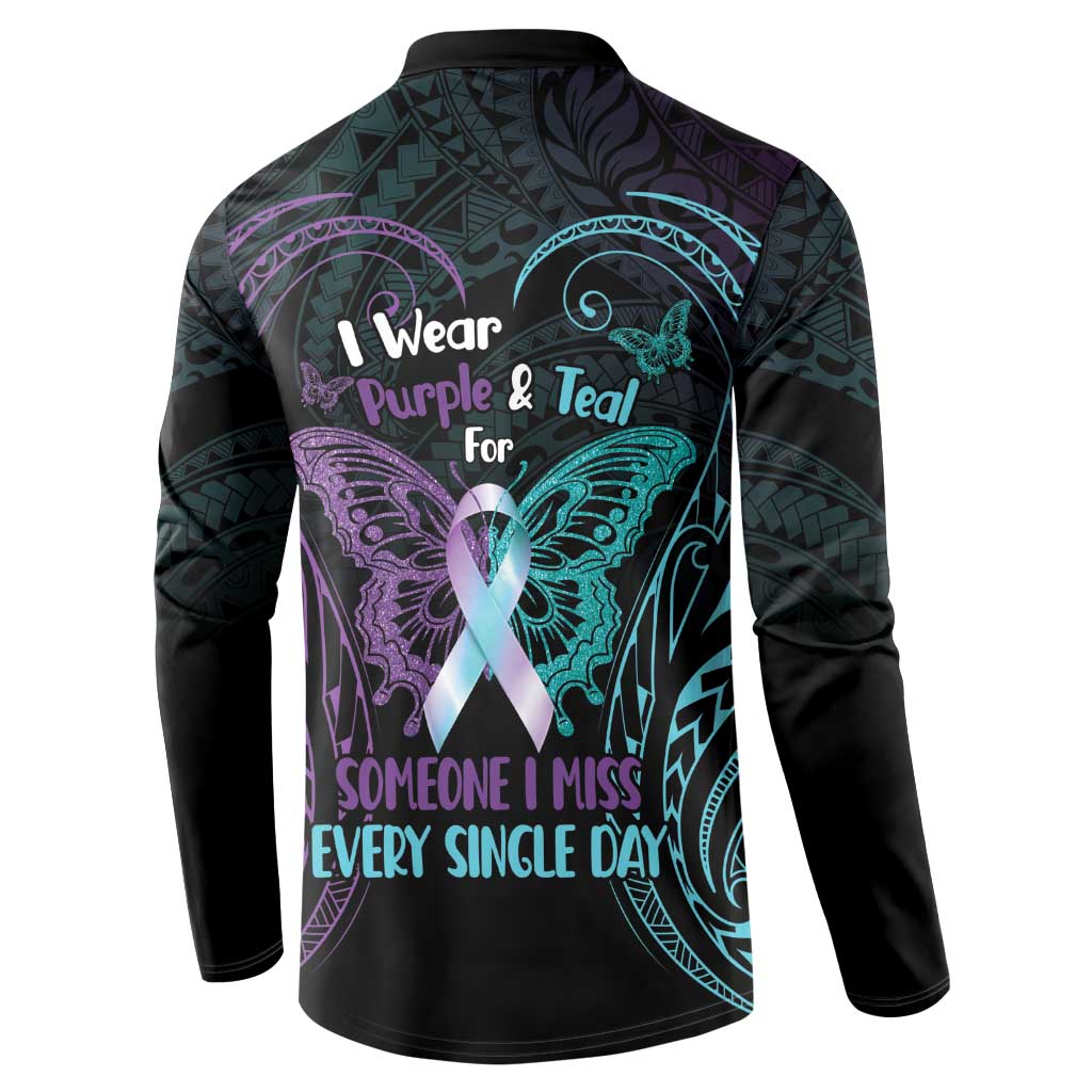 Suicide Awareness Memorial Button Sweatshirt I Wear Purple and Teal For Someone I Miss - Polynesian Pride