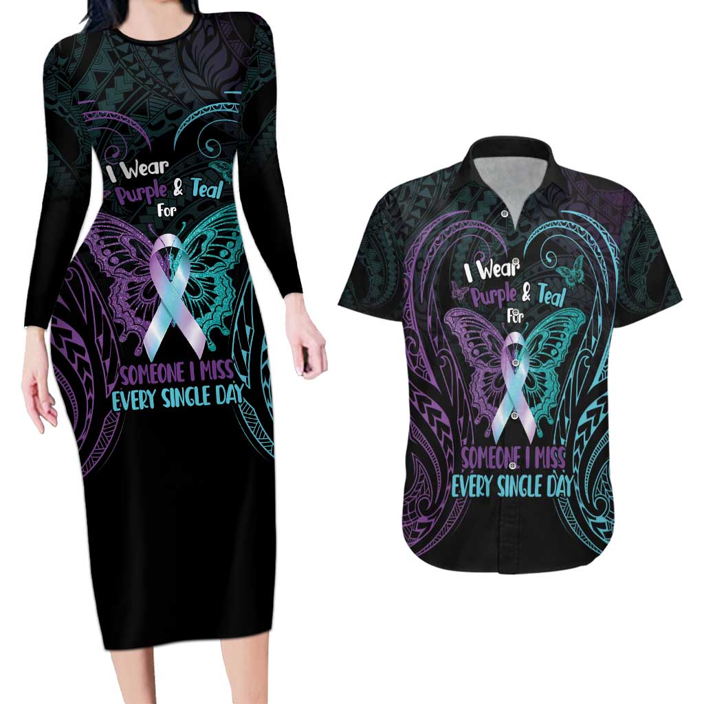 Suicide Awareness Memorial Couples Matching Long Sleeve Bodycon Dress and Hawaiian Shirt I Wear Purple and Teal For Someone I Miss - Polynesian Pride
