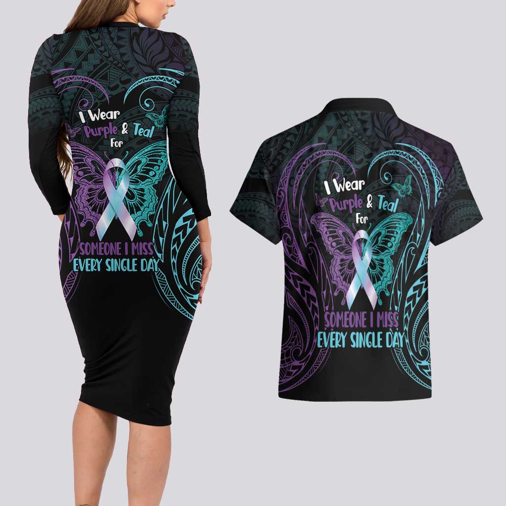 Suicide Awareness Memorial Couples Matching Long Sleeve Bodycon Dress and Hawaiian Shirt I Wear Purple and Teal For Someone I Miss - Polynesian Pride