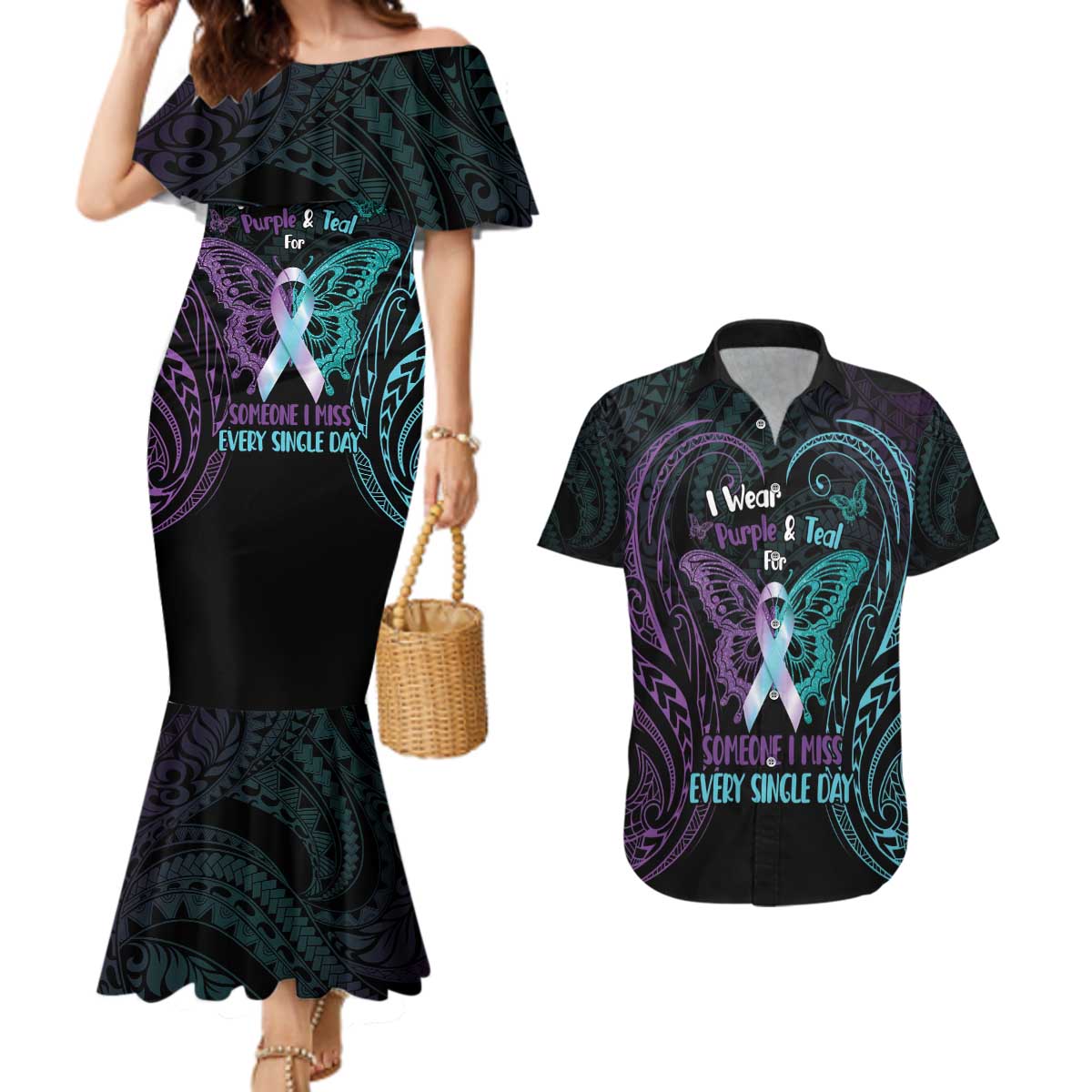 Suicide Awareness Memorial Couples Matching Mermaid Dress and Hawaiian Shirt I Wear Purple and Teal For Someone I Miss - Polynesian Pride