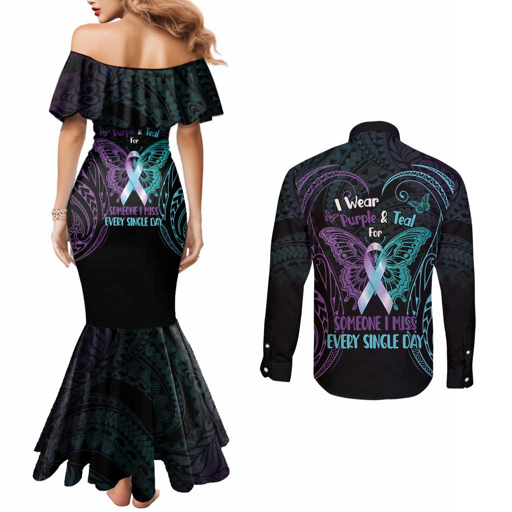Suicide Awareness Memorial Couples Matching Mermaid Dress and Long Sleeve Button Shirt I Wear Purple and Teal For Someone I Miss - Polynesian Pride