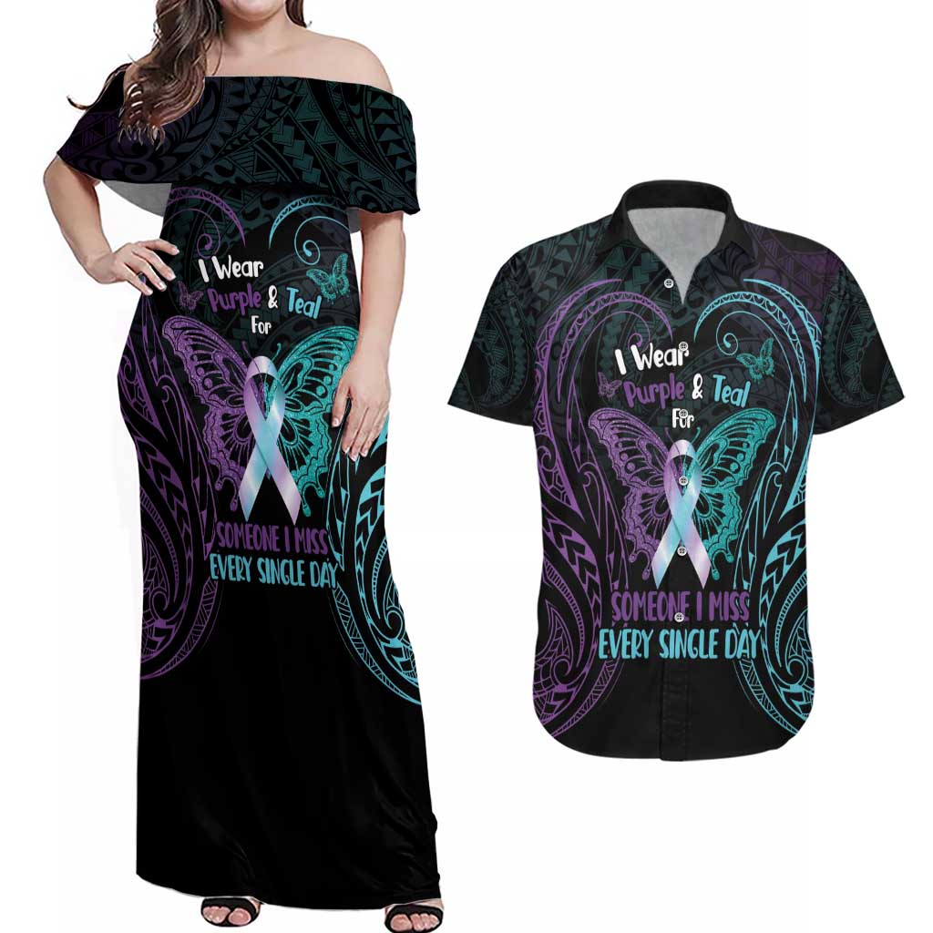 Suicide Awareness Memorial Couples Matching Off Shoulder Maxi Dress and Hawaiian Shirt I Wear Purple and Teal For Someone I Miss - Polynesian Pride
