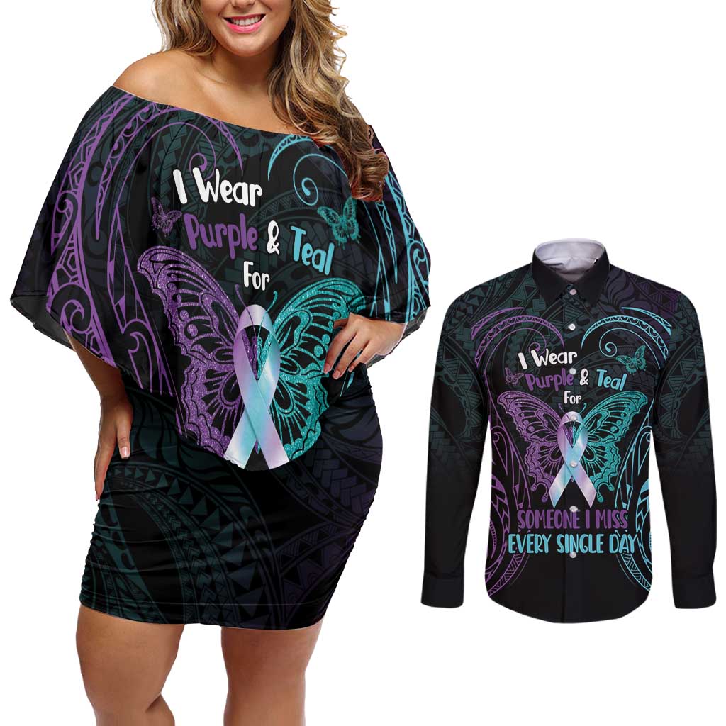 Suicide Awareness Memorial Couples Matching Off Shoulder Short Dress and Long Sleeve Button Shirt I Wear Purple and Teal For Someone I Miss - Polynesian Pride