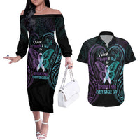 Suicide Awareness Memorial Couples Matching Off The Shoulder Long Sleeve Dress and Hawaiian Shirt I Wear Purple and Teal For Someone I Miss - Polynesian Pride