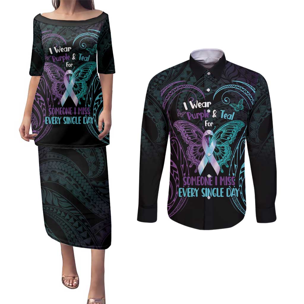 Suicide Awareness Memorial Couples Matching Puletasi and Long Sleeve Button Shirt I Wear Purple and Teal For Someone I Miss - Polynesian Pride