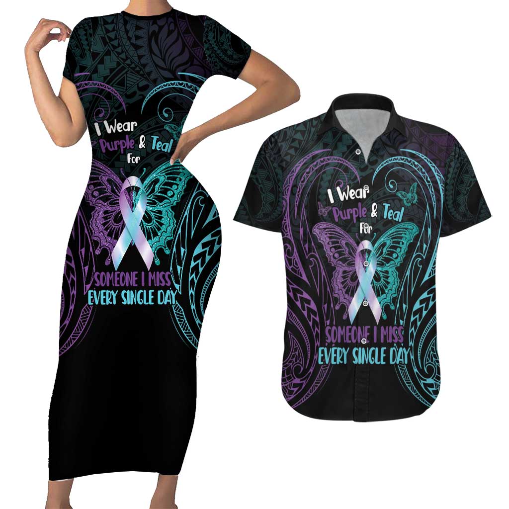 Suicide Awareness Memorial Couples Matching Short Sleeve Bodycon Dress and Hawaiian Shirt I Wear Purple and Teal For Someone I Miss - Polynesian Pride