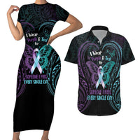 Suicide Awareness Memorial Couples Matching Short Sleeve Bodycon Dress and Hawaiian Shirt I Wear Purple and Teal For Someone I Miss - Polynesian Pride