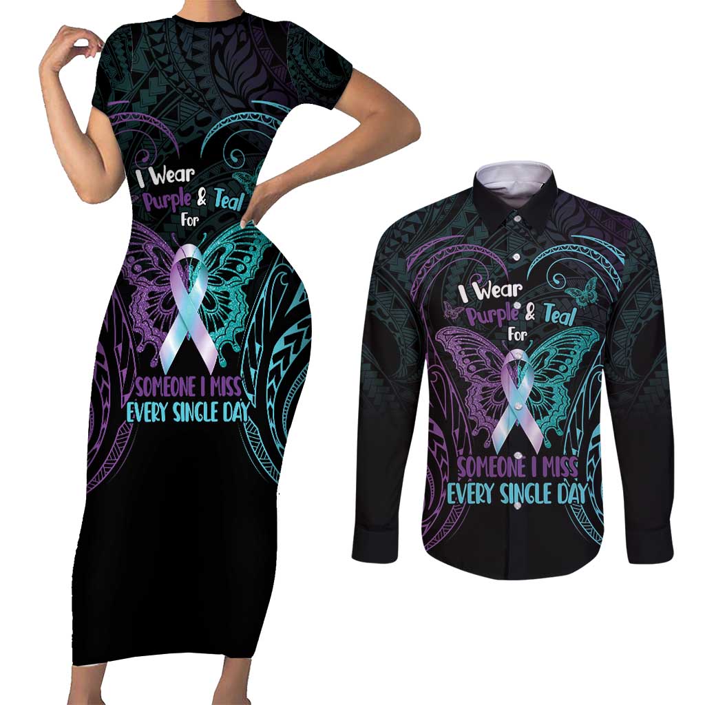 Suicide Awareness Memorial Couples Matching Short Sleeve Bodycon Dress and Long Sleeve Button Shirt I Wear Purple and Teal For Someone I Miss - Polynesian Pride