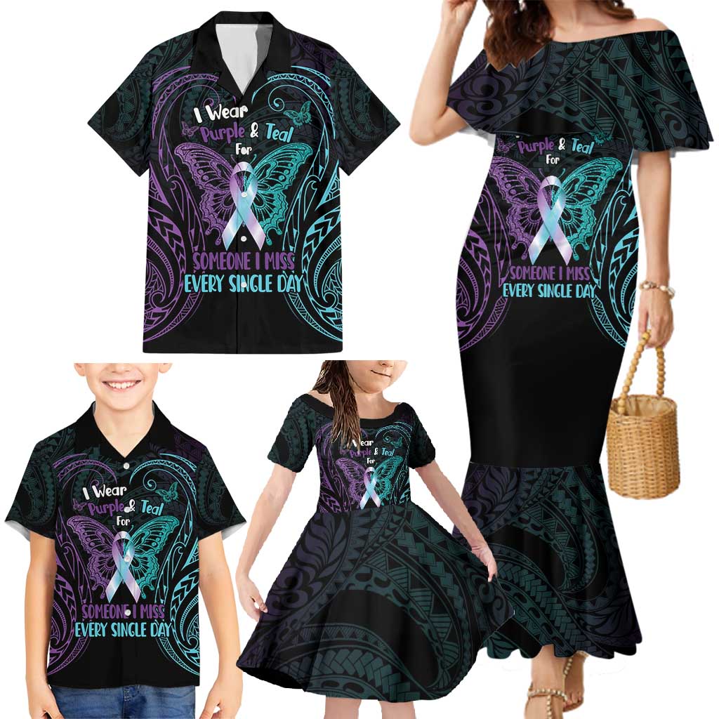 Suicide Awareness Memorial Family Matching Mermaid Dress and Hawaiian Shirt I Wear Purple and Teal For Someone I Miss - Polynesian Pride