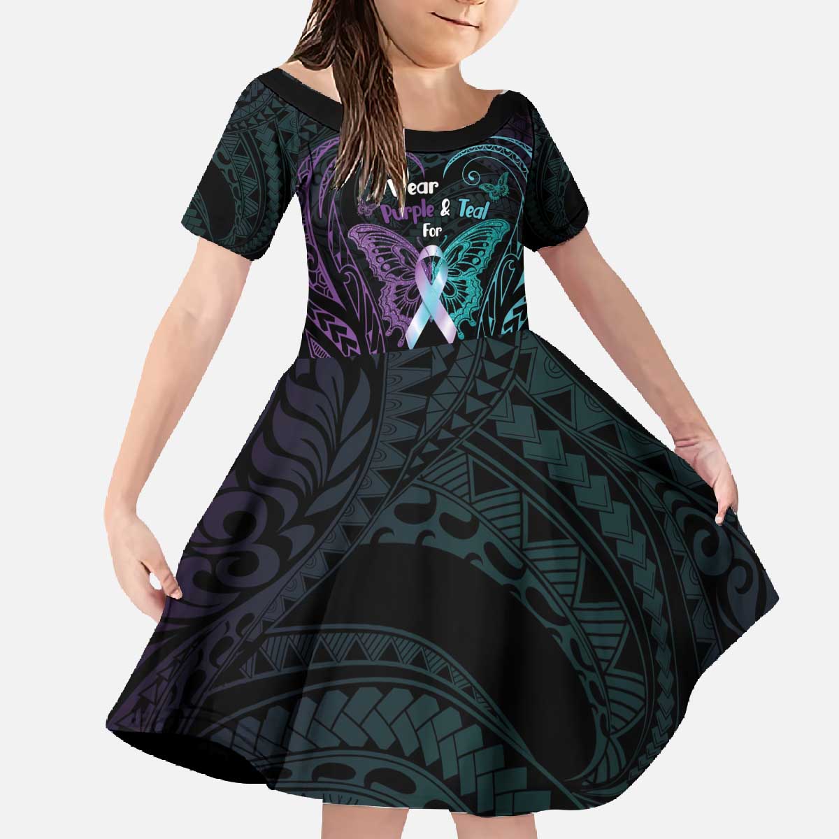 Suicide Awareness Memorial Family Matching Off The Shoulder Long Sleeve Dress and Hawaiian Shirt I Wear Purple and Teal For Someone I Miss - Polynesian Pride