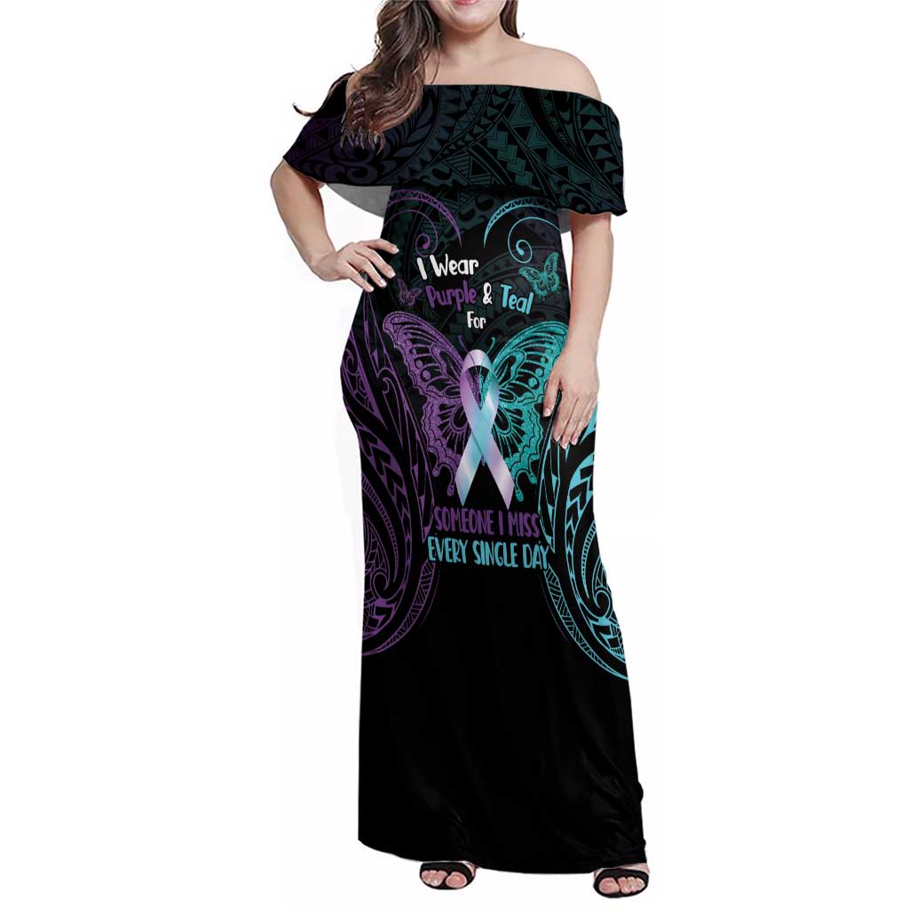 Suicide Awareness Memorial Family Matching Off Shoulder Maxi Dress and Hawaiian Shirt I Wear Purple and Teal For Someone I Miss - Polynesian Pride