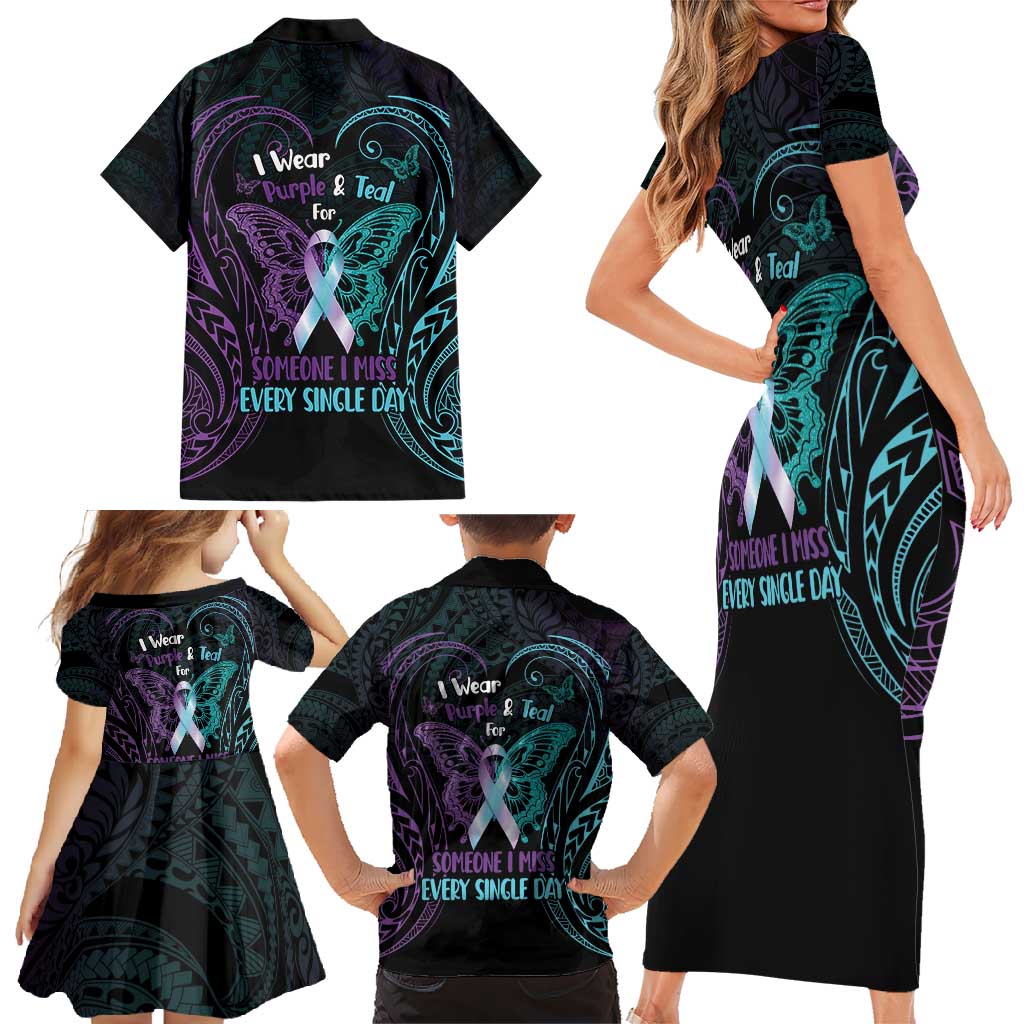 Suicide Awareness Memorial Family Matching Short Sleeve Bodycon Dress and Hawaiian Shirt I Wear Purple and Teal For Someone I Miss - Polynesian Pride