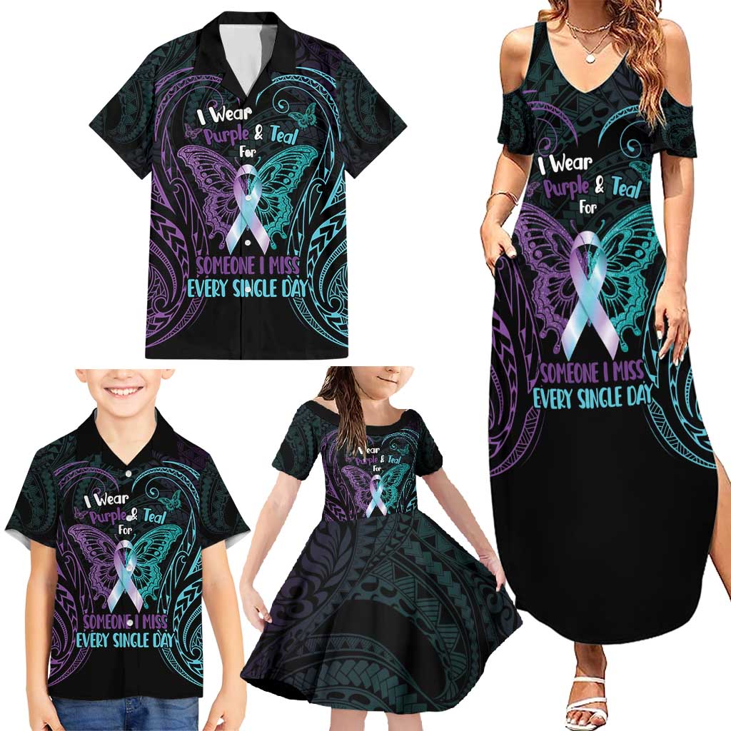 Suicide Awareness Memorial Family Matching Summer Maxi Dress and Hawaiian Shirt I Wear Purple and Teal For Someone I Miss - Polynesian Pride