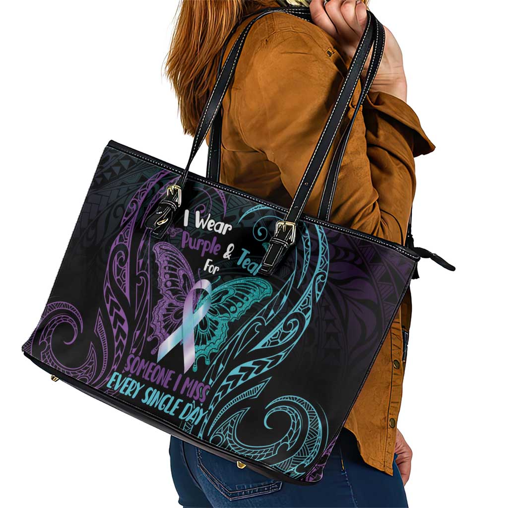 Suicide Awareness Memorial Leather Tote Bag I Wear Purple and Teal For Someone I Miss - Polynesian Pride