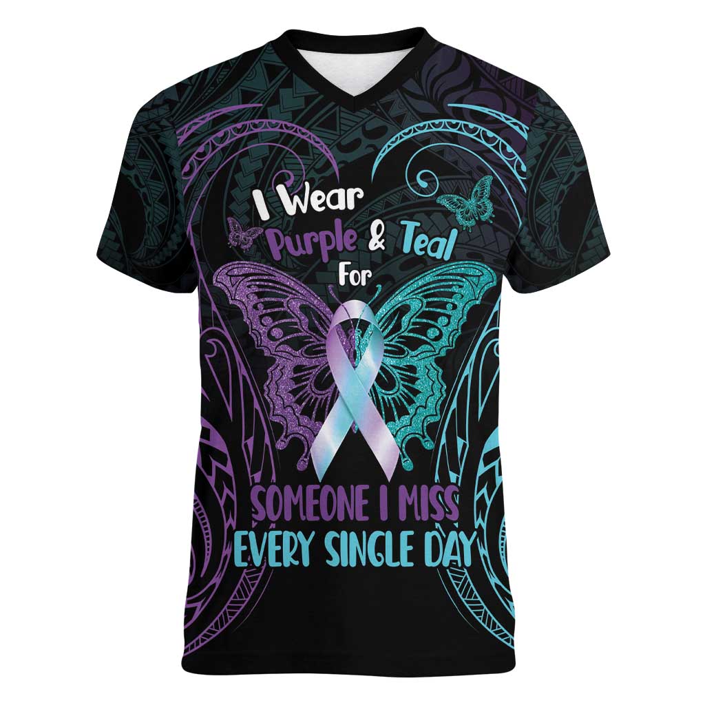 Suicide Awareness Memorial Women V-Neck T-Shirt I Wear Purple and Teal For Someone I Miss - Polynesian Pride