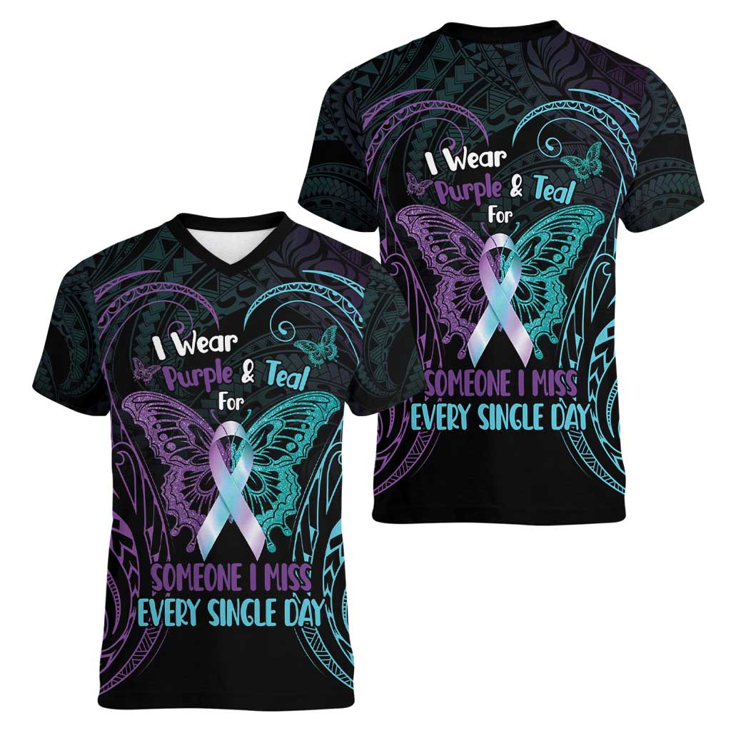Suicide Awareness Memorial Women V-Neck T-Shirt I Wear Purple and Teal For Someone I Miss - Polynesian Pride