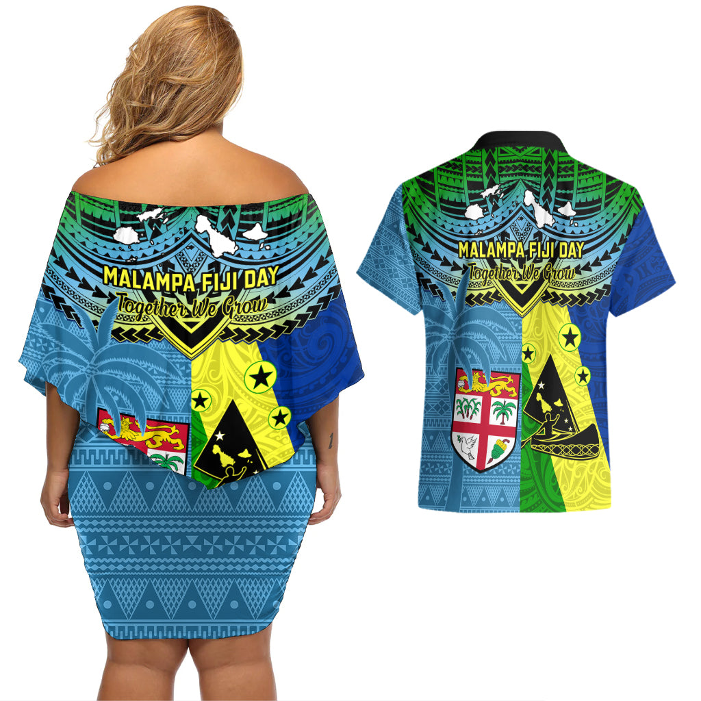 Malampa Fiji Day Couples Matching Off Shoulder Short Dress and Hawaiian Shirt Together We Grow Proud Polynesian Tapa Artsy LT14 - Polynesian Pride