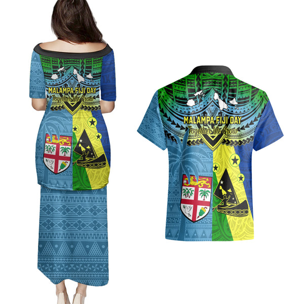 Malampa Fiji Day Couples Matching Short Sleeve Bodycon Dress and Hawaiian Shirt Together We Grow Proud Polynesian Tapa Artsy LT14