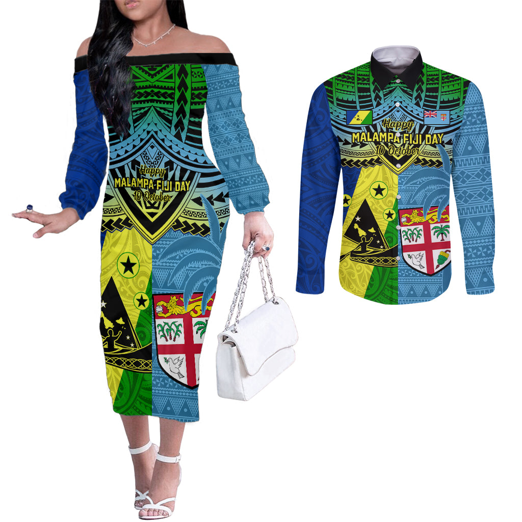 Custom Malampa Fiji Day Couples Matching Off The Shoulder Long Sleeve Dress and Long Sleeve Button Shirts Together We Grow Proud Polynesian Tapa Artsy LT14 Blue - Polynesian Pride