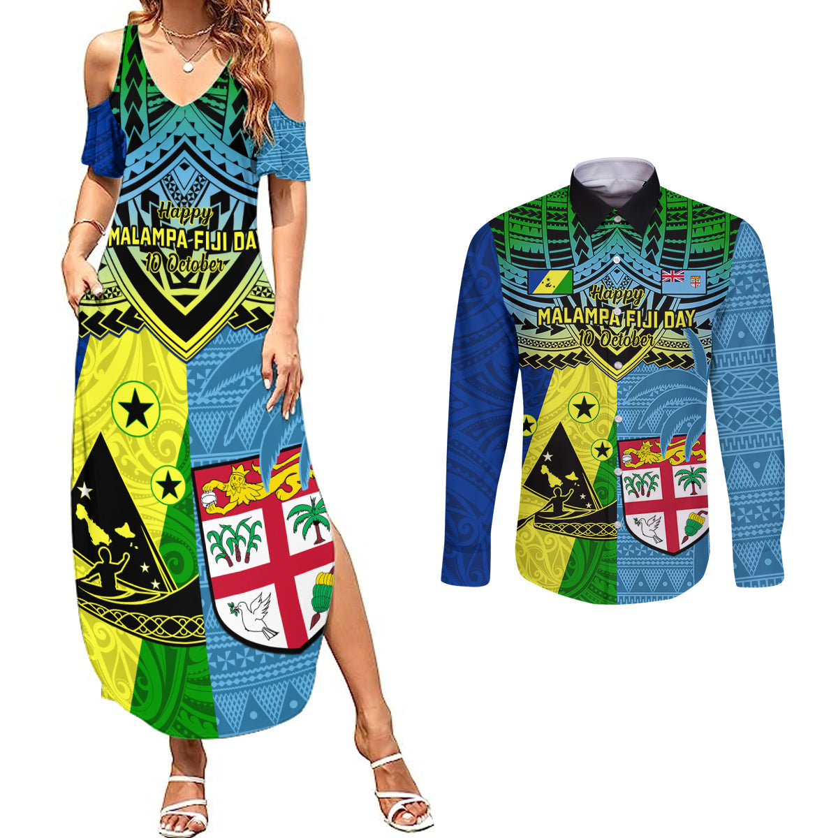 Custom Malampa Fiji Day Couples Matching Summer Maxi Dress and Long Sleeve Button Shirts Together We Grow Proud Polynesian Tapa Artsy LT14 Blue - Polynesian Pride