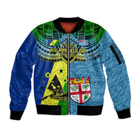 Custom Malampa Fiji Day Sleeve Zip Bomber Jacket Together We Grow Proud Polynesian Tapa Artsy LT14 Unisex Blue - Polynesian Pride