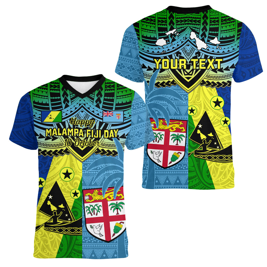 Custom Malampa Fiji Day Women V Neck T Shirt Together We Grow Proud Polynesian Tapa Artsy LT14 - Polynesian Pride