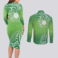 Polynesia Depression Awareness Couples Matching Long Sleeve Bodycon Dress and Long Sleeve Button Shirt Sunflower Green Ribbons Polynesian Tattoo