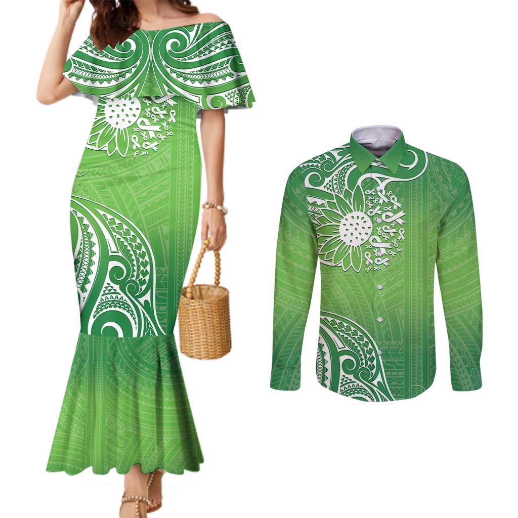 Polynesia Depression Awareness Couples Matching Mermaid Dress and Long Sleeve Button Shirt Sunflower Green Ribbons Polynesian Tattoo