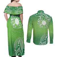 Polynesia Depression Awareness Couples Matching Off Shoulder Maxi Dress and Long Sleeve Button Shirt Sunflower Green Ribbons Polynesian Tattoo