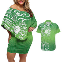 Polynesia Depression Awareness Couples Matching Off Shoulder Short Dress and Hawaiian Shirt Sunflower Green Ribbons Polynesian Tattoo