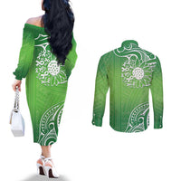 Polynesia Depression Awareness Couples Matching Off The Shoulder Long Sleeve Dress and Long Sleeve Button Shirt Sunflower Green Ribbons Polynesian Tattoo