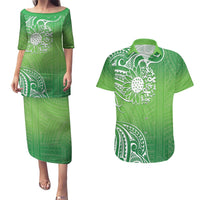 Polynesia Depression Awareness Couples Matching Puletasi and Hawaiian Shirt Sunflower Green Ribbons Polynesian Tattoo