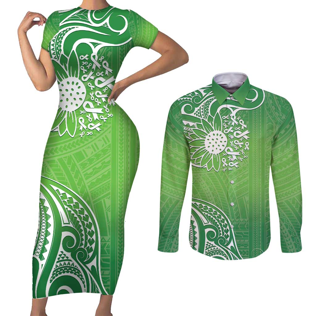 Polynesia Depression Awareness Couples Matching Short Sleeve Bodycon Dress and Long Sleeve Button Shirt Sunflower Green Ribbons Polynesian Tattoo