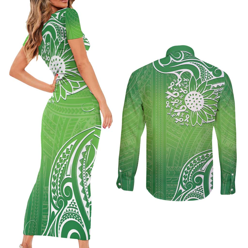 Polynesia Depression Awareness Couples Matching Short Sleeve Bodycon Dress and Long Sleeve Button Shirt Sunflower Green Ribbons Polynesian Tattoo