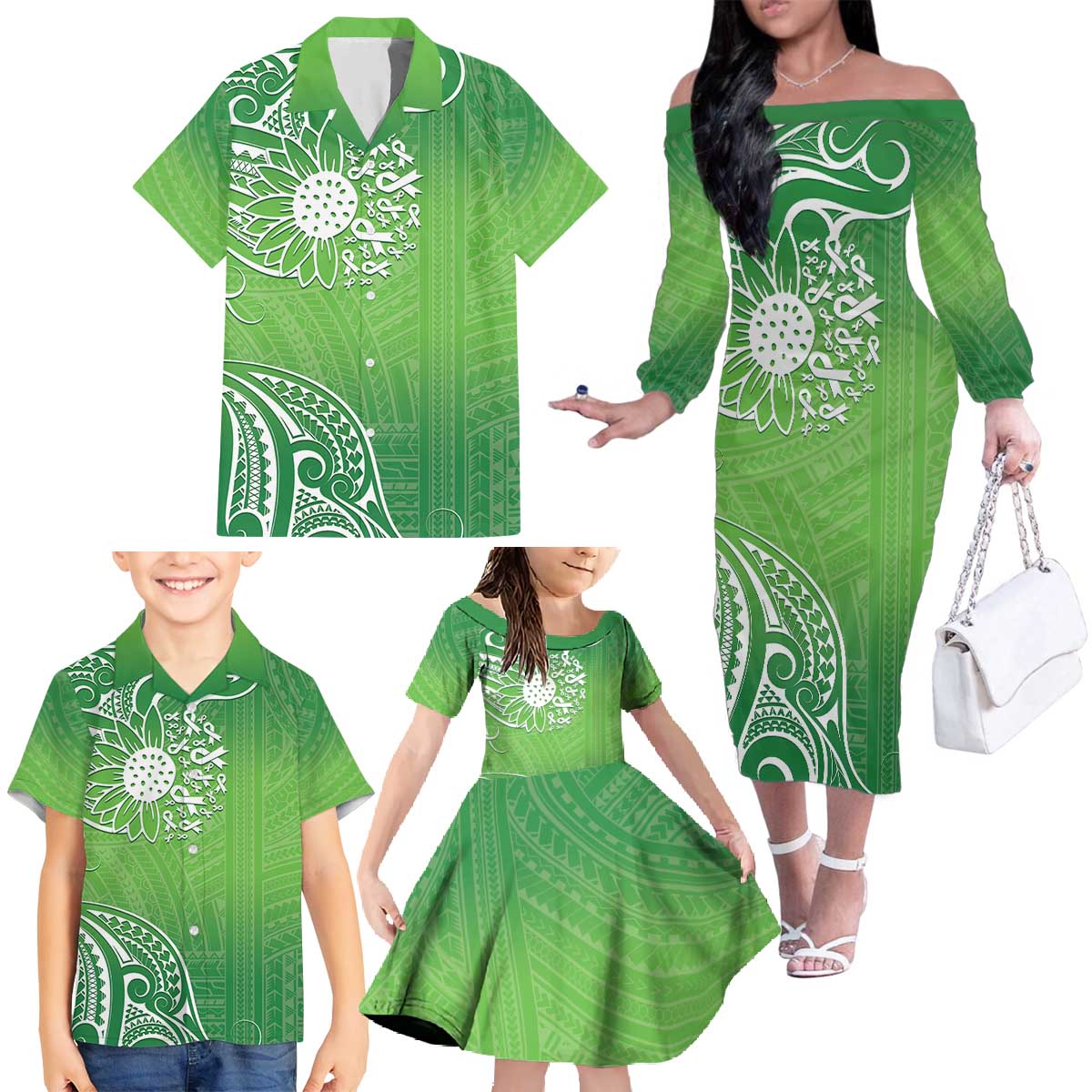 Polynesia Depression Awareness Family Matching Off The Shoulder Long Sleeve Dress and Hawaiian Shirt Sunflower Green Ribbons Polynesian Tattoo LT14 - Polynesian Pride