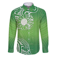Polynesia Depression Awareness Family Matching Off The Shoulder Long Sleeve Dress and Hawaiian Shirt Sunflower Green Ribbons Polynesian Tattoo LT14 Dad's Shirt - Long Sleeve Green - Polynesian Pride