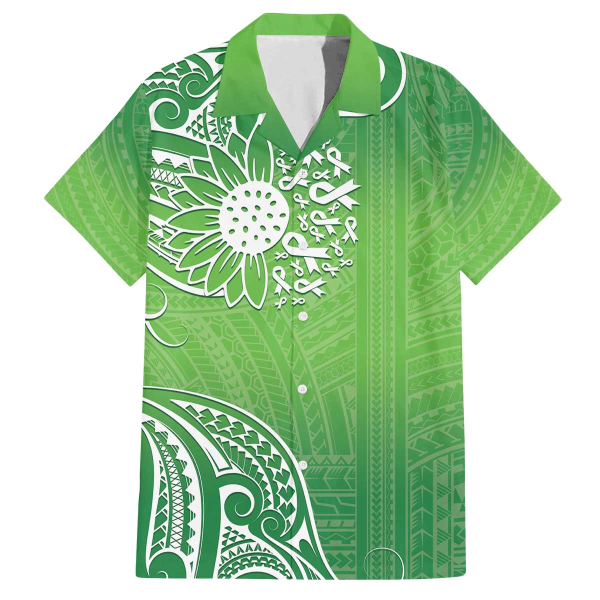Polynesia Depression Awareness Family Matching Off Shoulder Short Dress and Hawaiian Shirt Sunflower Green Ribbons Polynesian Tattoo