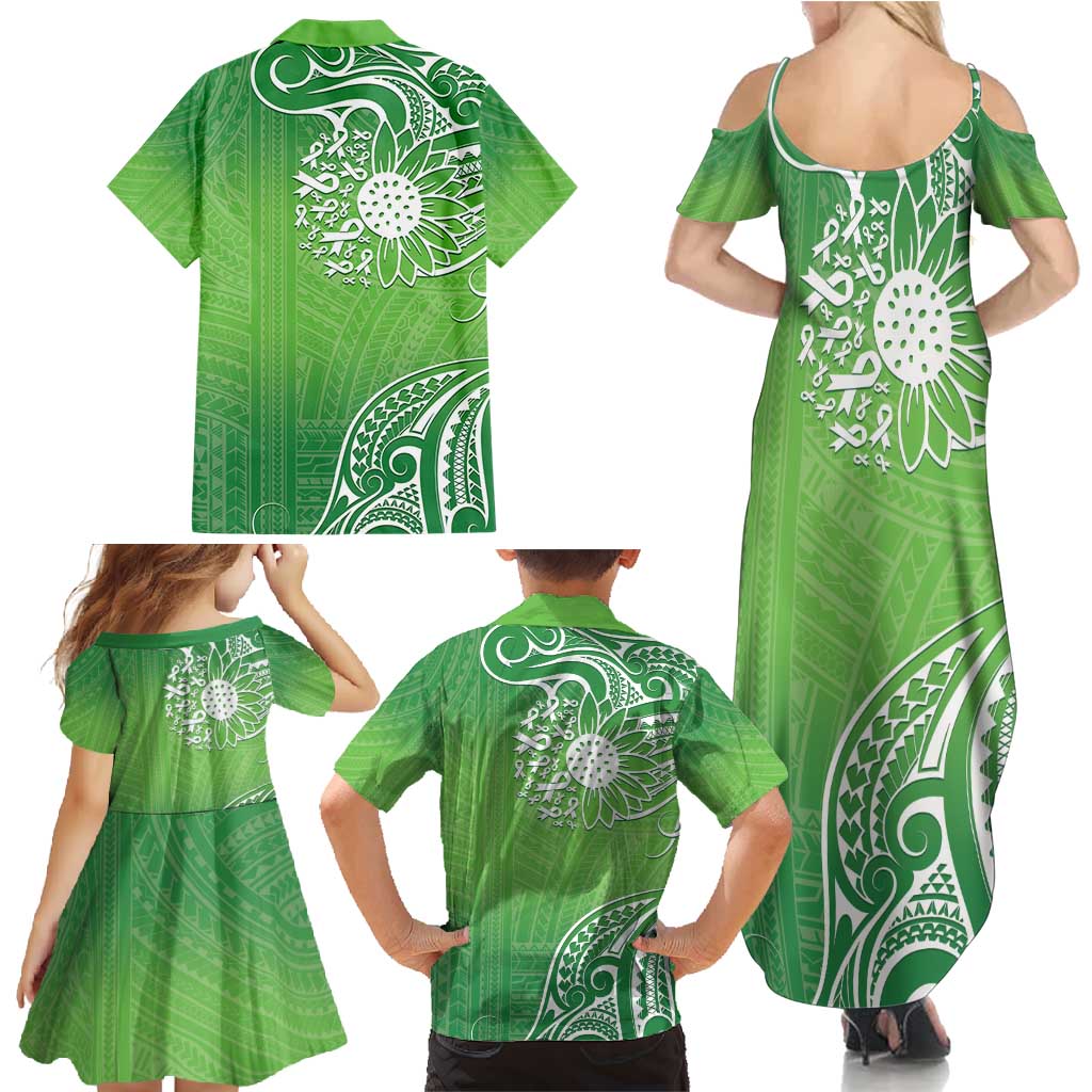 Polynesia Depression Awareness Family Matching Summer Maxi Dress and Hawaiian Shirt Sunflower Green Ribbons Polynesian Tattoo