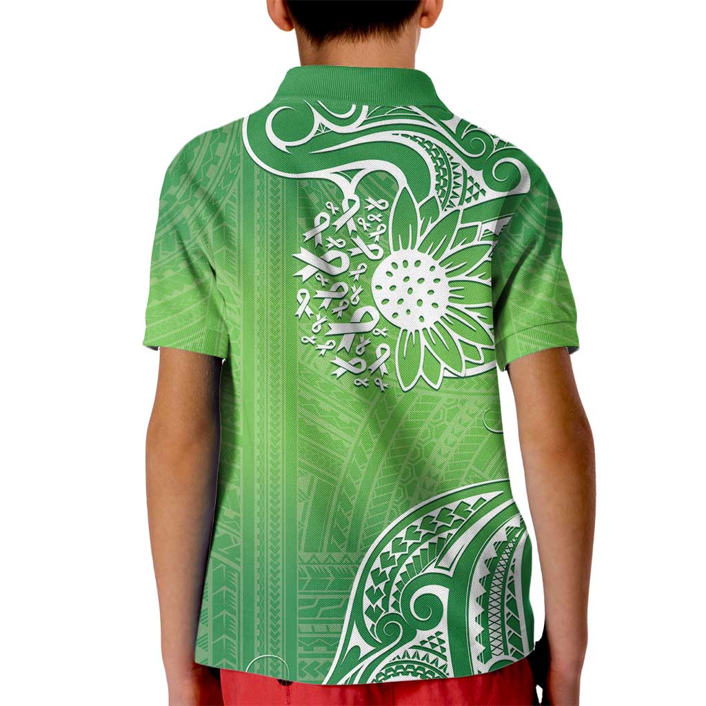 Polynesia Depression Awareness Kid Polo Shirt Sunflower Green Ribbons Polynesian Tattoo