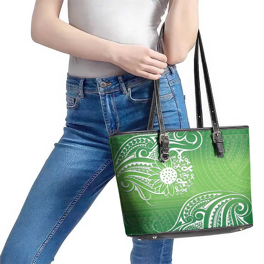 Polynesia Depression Awareness Leather Tote Bag Sunflower Green Ribbons Polynesian Tattoo