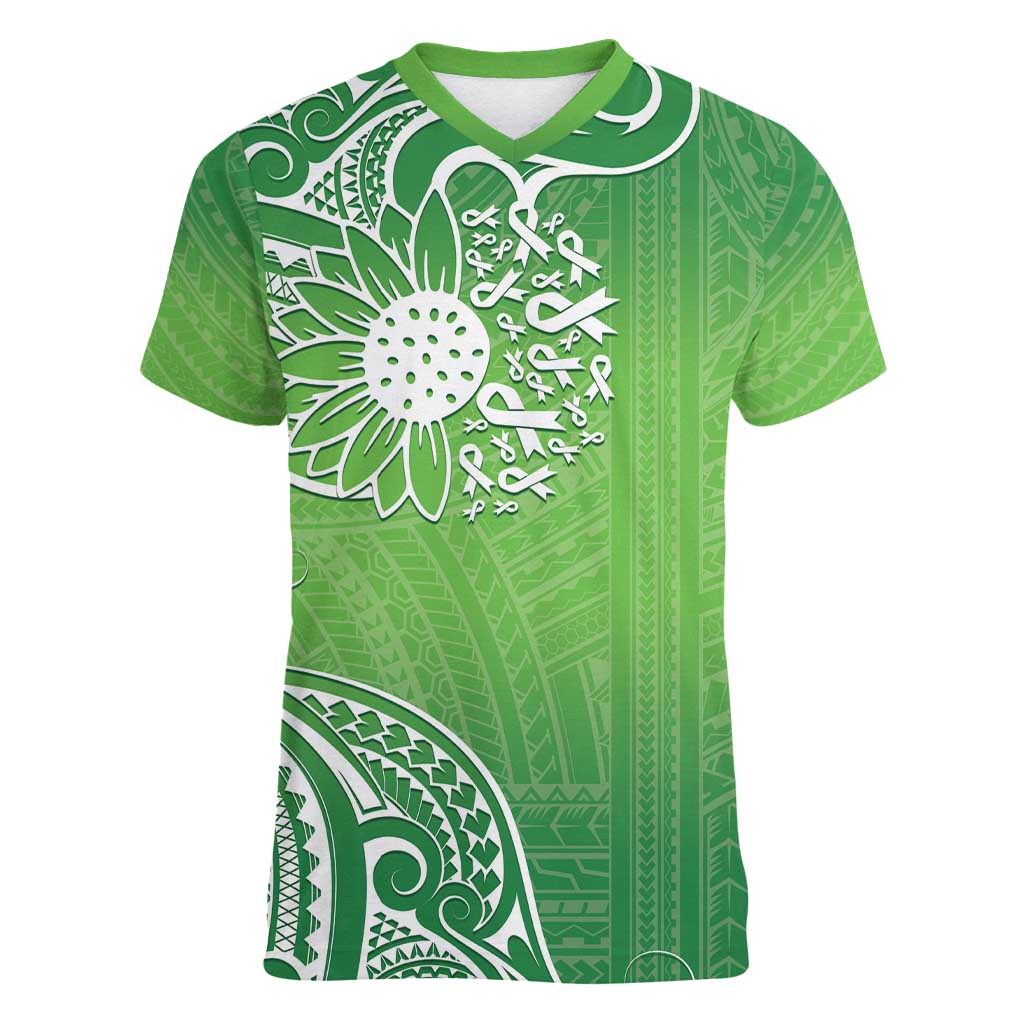 Polynesia Depression Awareness Women V-Neck T-Shirt Sunflower Green Ribbons Polynesian Tattoo LT14 Female Green - Polynesian Pride