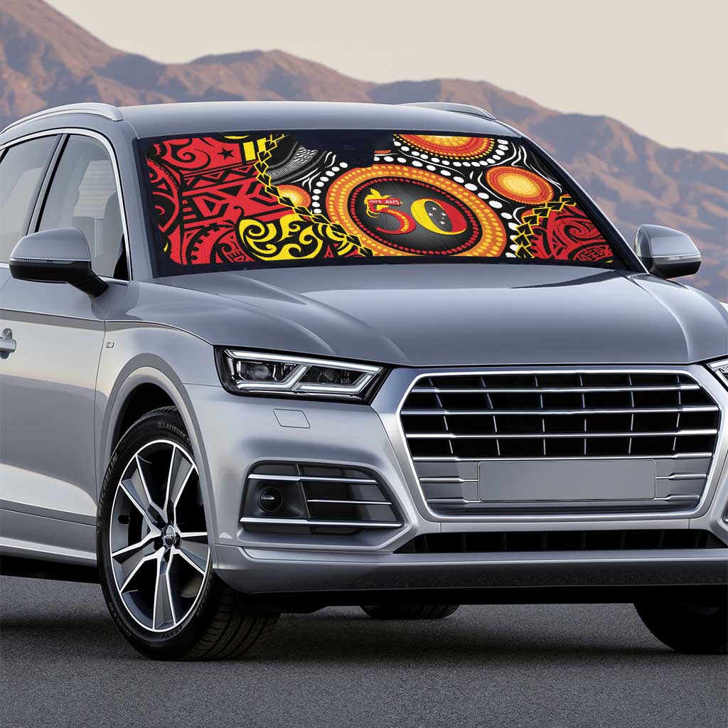 Celebrating 50 Years Papua New Guinea Auto Sun Shade Aboriginal Mix Papuan Pattern - Polynesian Pride