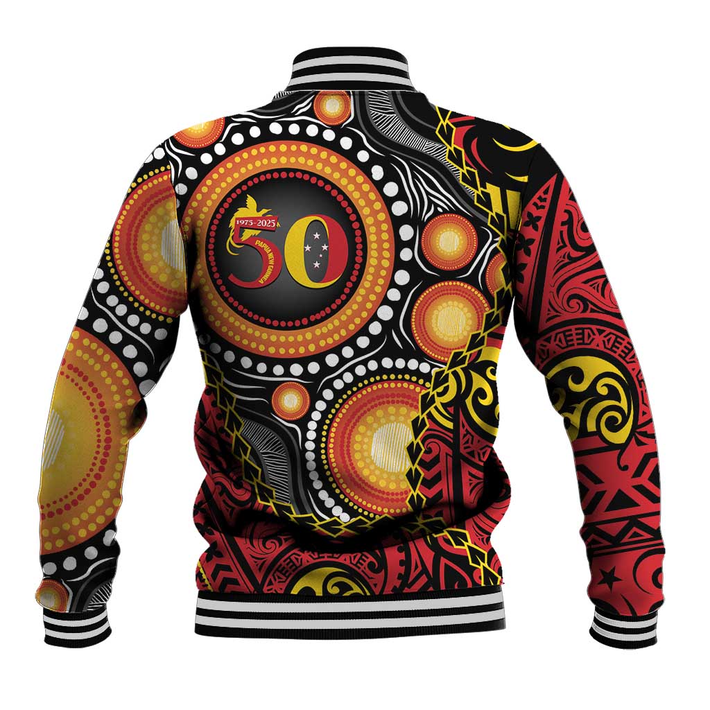 Celebrating 50 Years Papua New Guinea Baseball Jacket Aboriginal Mix Papuan Pattern - Polynesian Pride