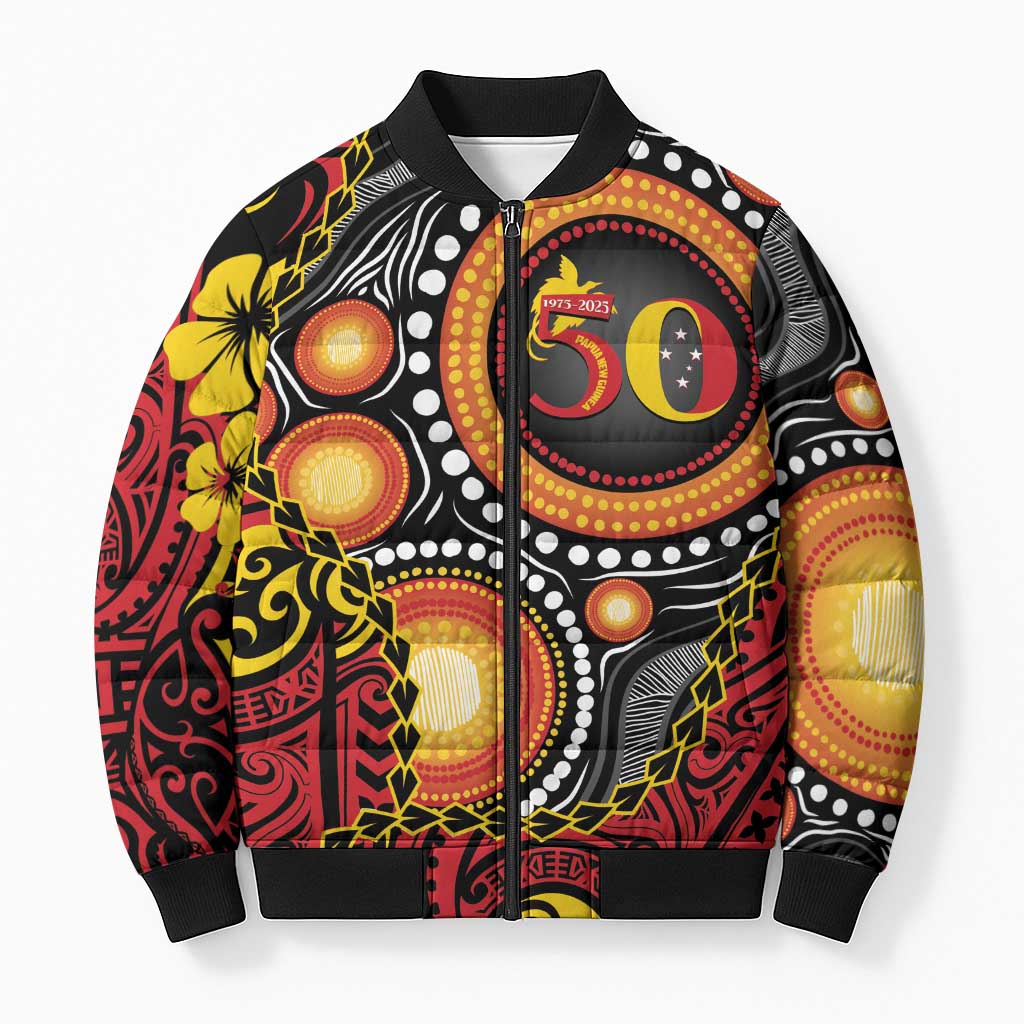 Celebrating 50 Years Papua New Guinea Bomber Puffer Jacket Aboriginal Mix Papuan Pattern - Polynesian Pride