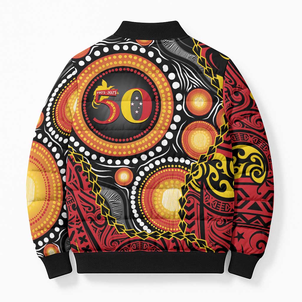 Celebrating 50 Years Papua New Guinea Bomber Puffer Jacket Aboriginal Mix Papuan Pattern - Polynesian Pride