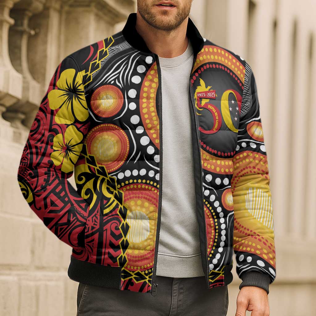 Celebrating 50 Years Papua New Guinea Bomber Puffer Jacket Aboriginal Mix Papuan Pattern - Polynesian Pride